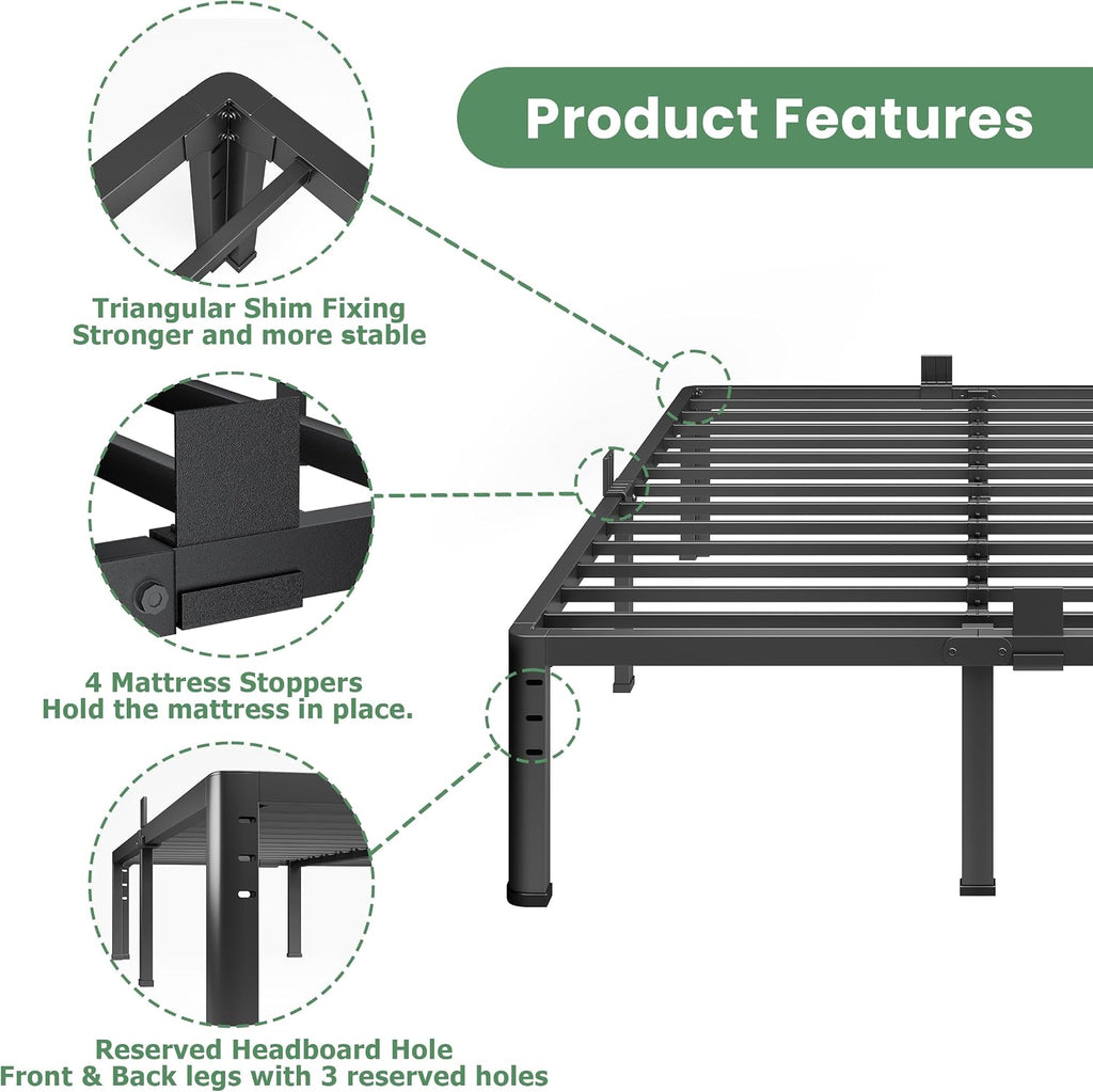 NKZ 18 Inch Metal Platform Bed Frame,Queen Bed Frame with Storage Space, No Box Spring Needed, Easy Assembly, Noise Free, 3,500 lbs Heavy Duty Steel Slats Support