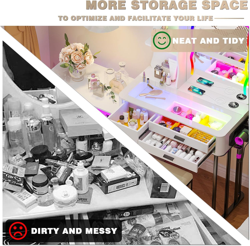 RGB Makeup Vanity Desk with Wireless Charging Station,Vanity Mirror with Lights Desk and Chair,8 Drawers,Stool,7 Dynamic and 7 Static Dimmable Vanity Table with Glass Desktop
