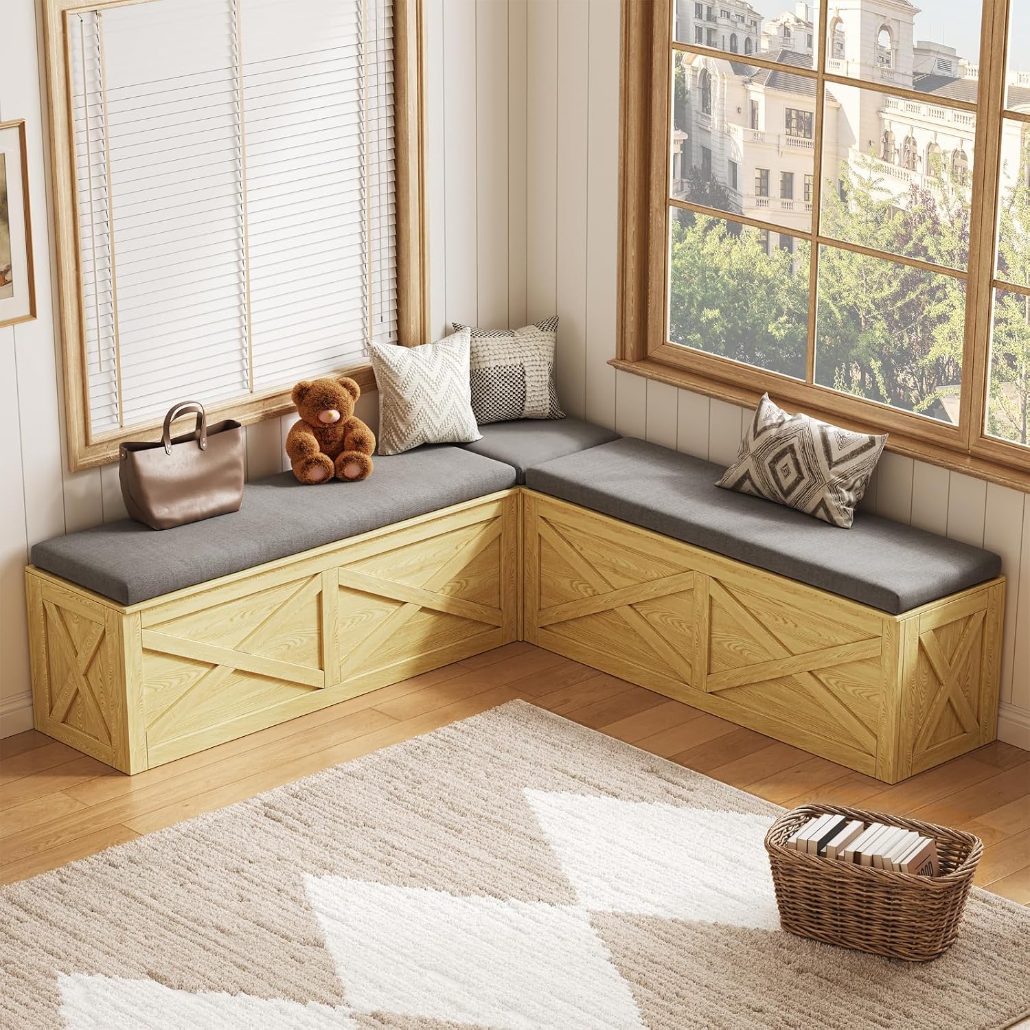 L-Shape Storage Bench with Cushion, Farmhouse Corner Dining Bench, Kitchen Breakfast Nook Bench with Hidden Storage for Dining Room, Entryway, Cloakroom, Natural