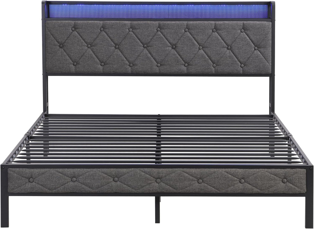 Queen Size Bed Frame with Storage Headboard, Charging Station and LED Lights, Upholstered Platform Bed W/Heavy Metal Slats, Noise Free, No Box Spring Needed, Dark Gray