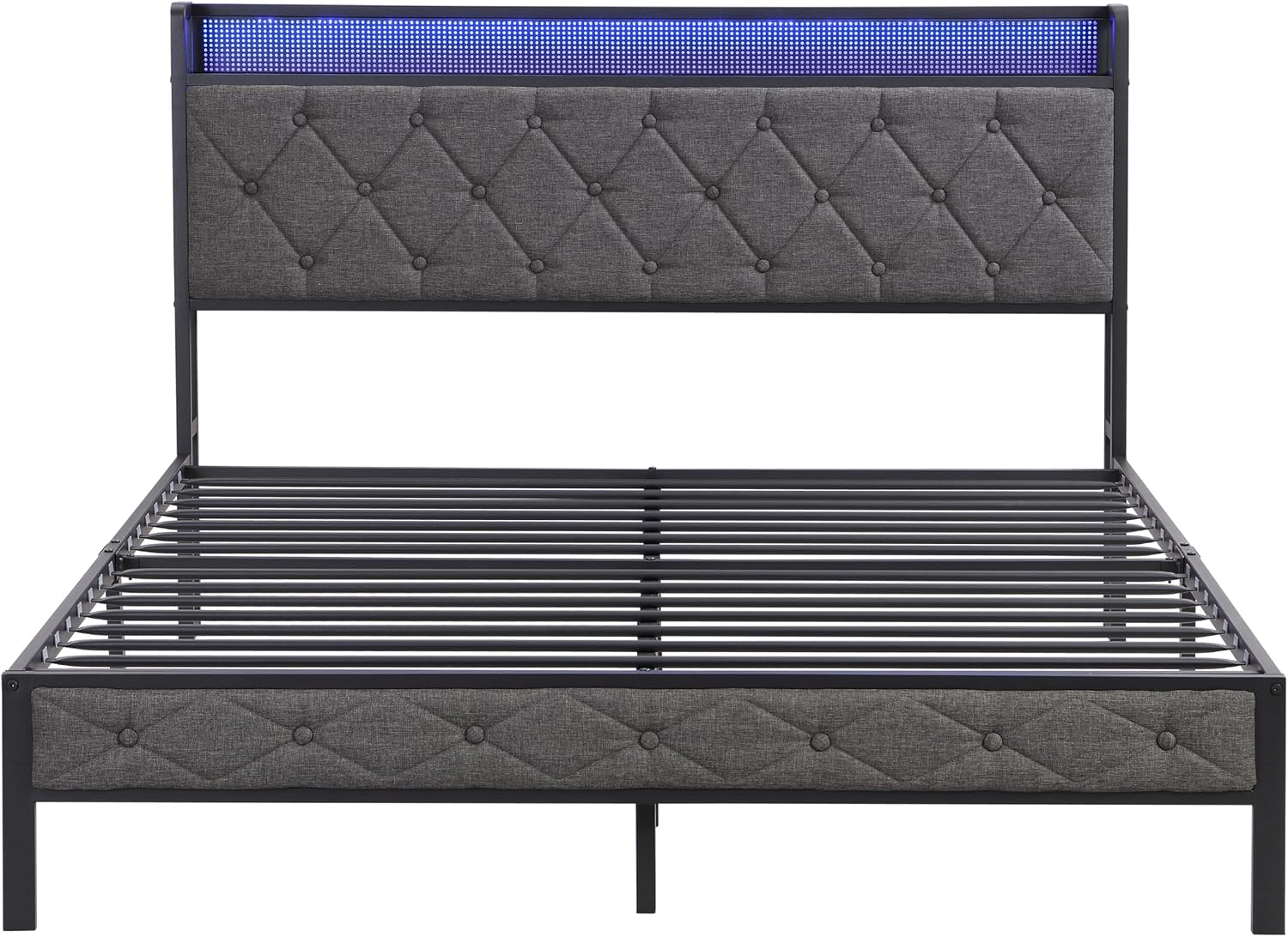 Queen Size Bed Frame with Storage Headboard, Charging Station and LED Lights, Upholstered Platform Bed W/Heavy Metal Slats, Noise Free, No Box Spring Needed, Dark Gray