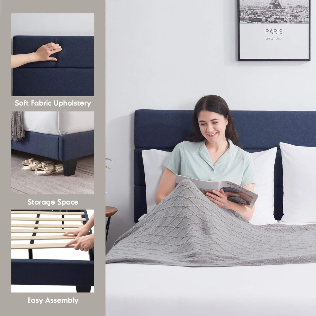Hearth & Harbor King Bed Frame and Headboard – Linen Horizontal Channel Upholstered King Size Bed Frame, Platform Bed Frame King, Modern Bedframe with Wooden Slats, No Box Spring Needed, Navy