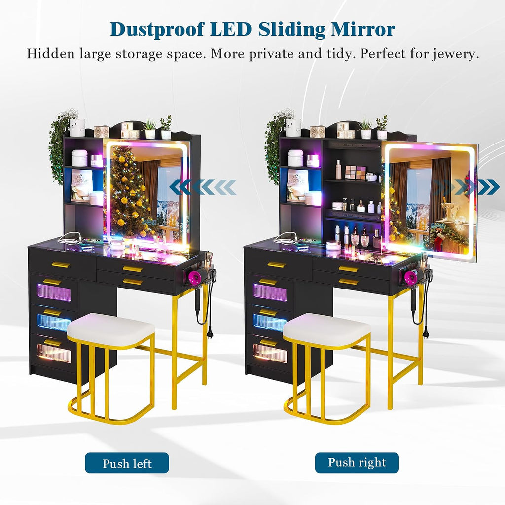 WOOVIVS Vanity with LED Mirror, Makeup Desk with Charging Station for Bedroom, Vanities with RGB Lights, Glass Top Vanity Set with Stool,6 Drawers Dressing Table for Girls-Black