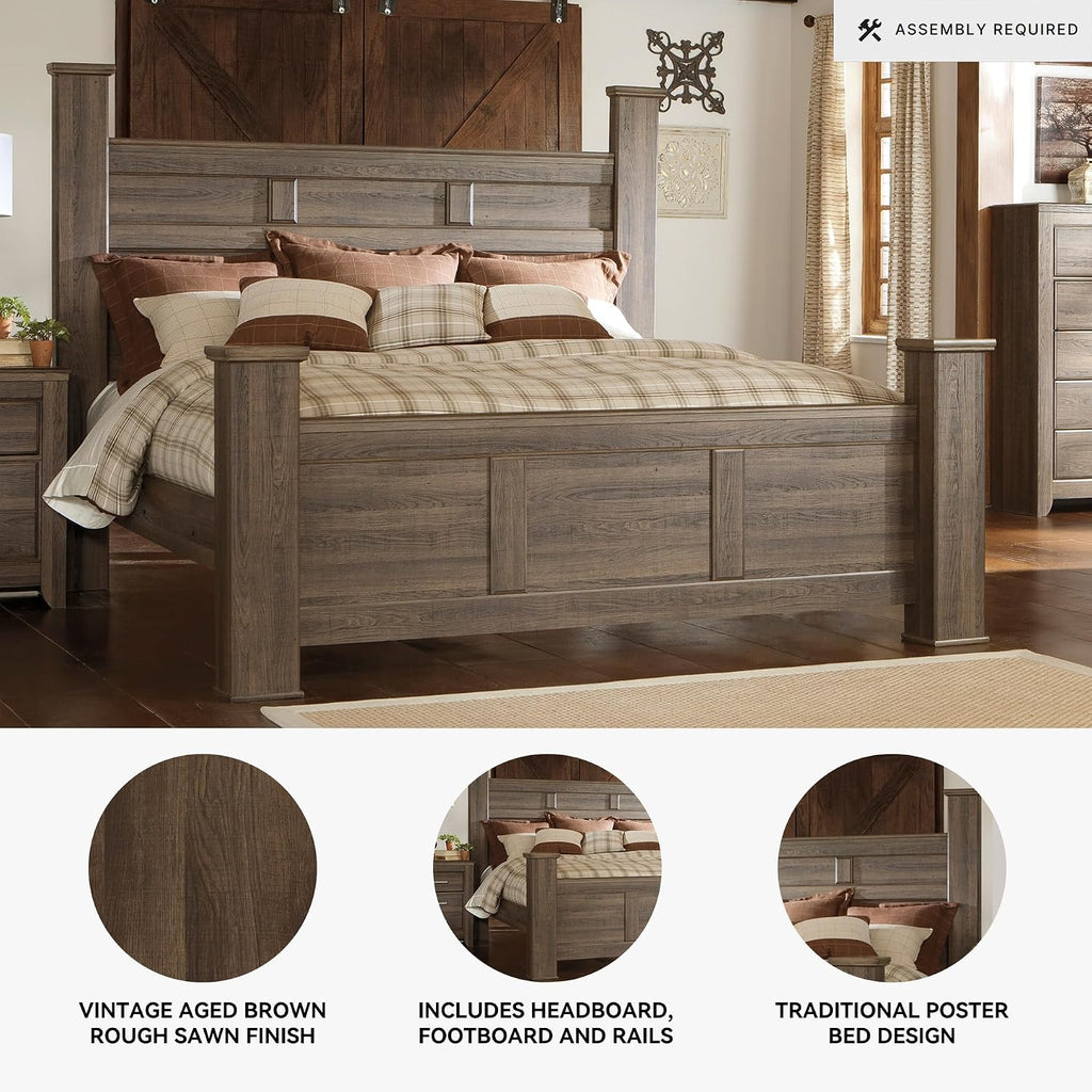 Signature Design by Ashley Juararo Casual California King Poster Bed with Metal Slats, Foundation or Box Spring Needed, Dark Brown