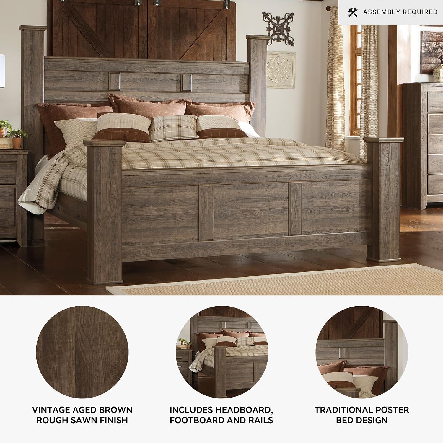 Signature Design by Ashley Juararo Casual California King Poster Bed with Metal Slats, Foundation or Box Spring Needed, Dark Brown