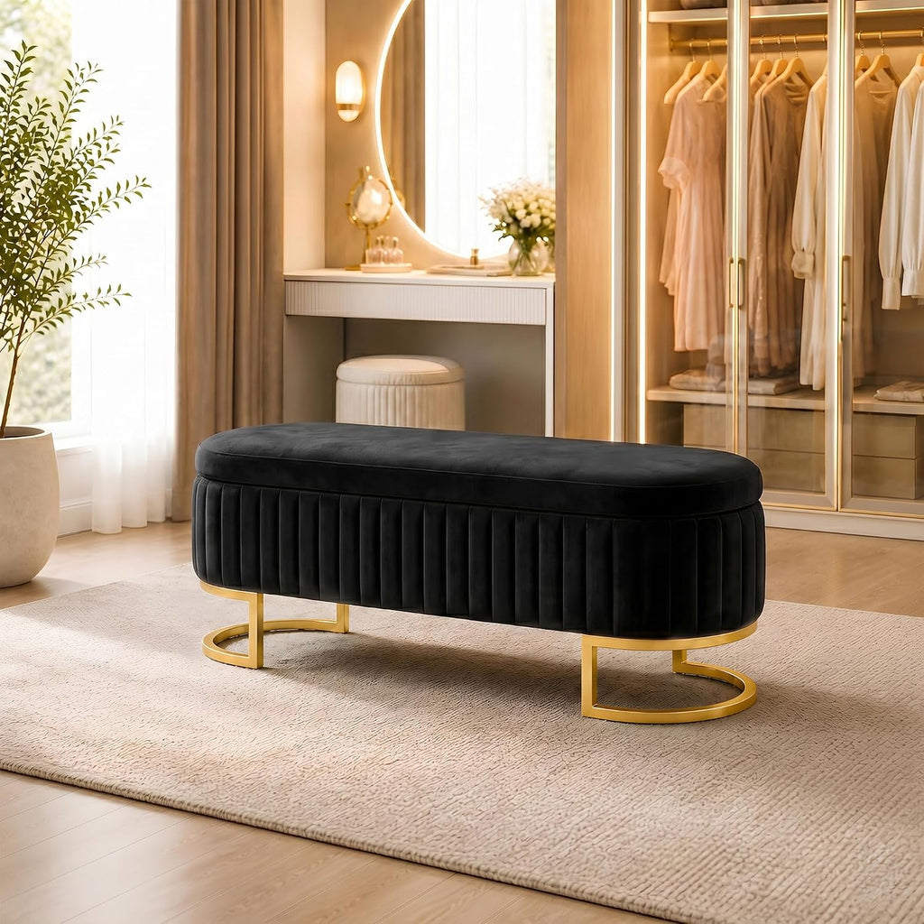 50.5' Modern Velvet Storage Bench, Luxury Channeled Queen Size End of Bed Bench with Hidden Storage and Gold Legs, Modern Glam Ottoman Bench for Bedroom, Living Room, Entryway, Black