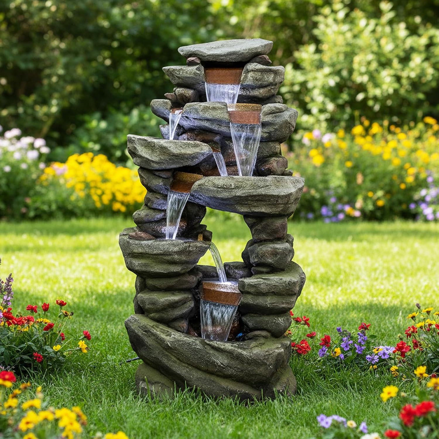 Naturefalls 60' High Outdoor Rock Water Fountain with LED Lights - Mutil-Tiers Poly-Resin Cascading Waterfall Fountain for Garden, Patio, Yard, Home Decor