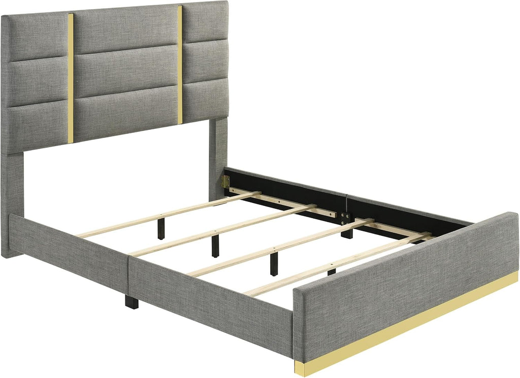 Coaster Home Furnishings - INES - Wood - 5-Piece Bedroom Set with Upholstered Bed and Flat Drawer Fronts - Bedroom - Queen Size - White High Gloss and Grey - 223091GRYQ-S5