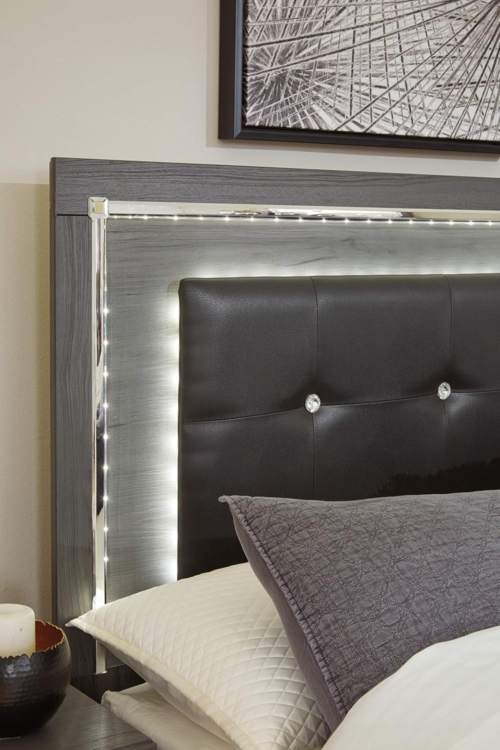 Signature Design by Ashley Lodanna Glam Faux Leather Panel Headboard with LED Lights ONLY, King & California King, Gray