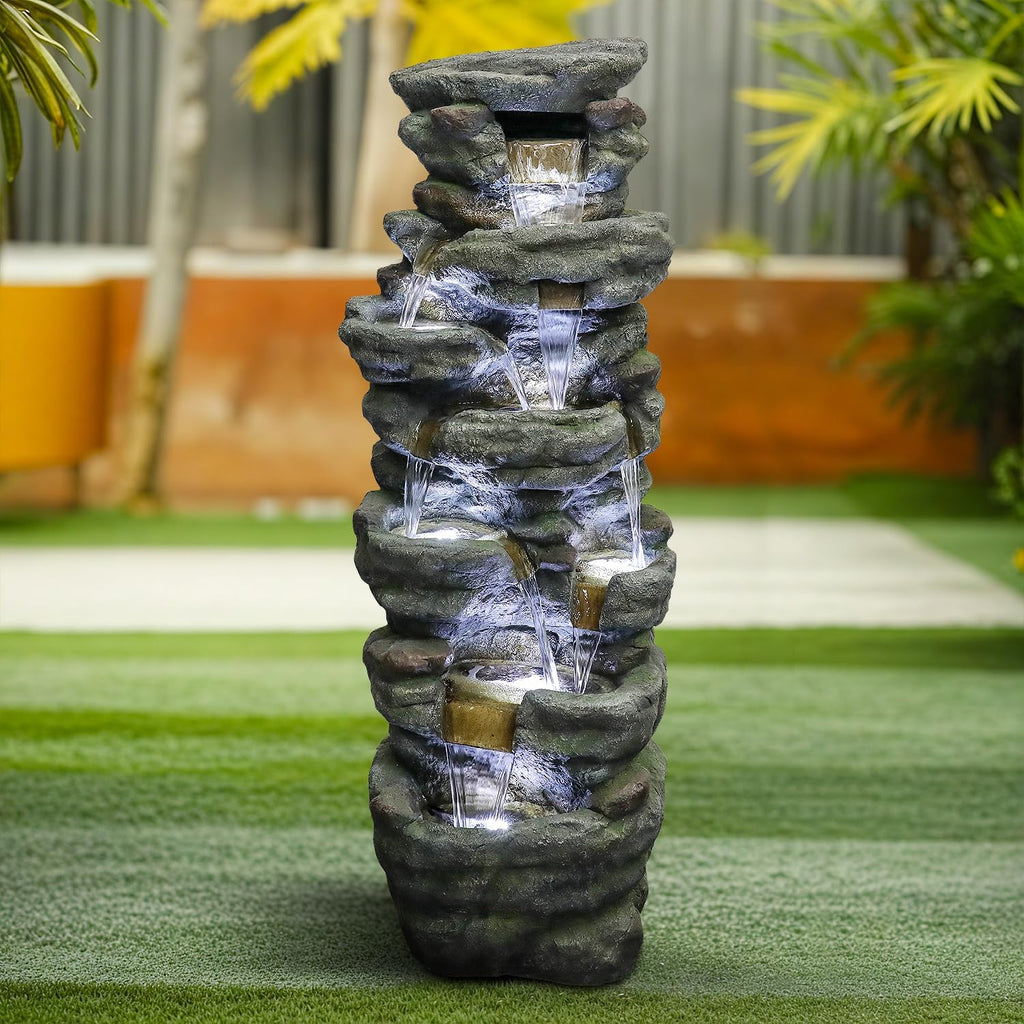 SunJet 51' High Multi-Tiers Cascading Rock Outdoor Water Fountain with LED Lights - Large Outdoor Resin Fountains and Waterfalls for Garden or Patio, Yard, Deck Decor, Featuring Natural Stone Look