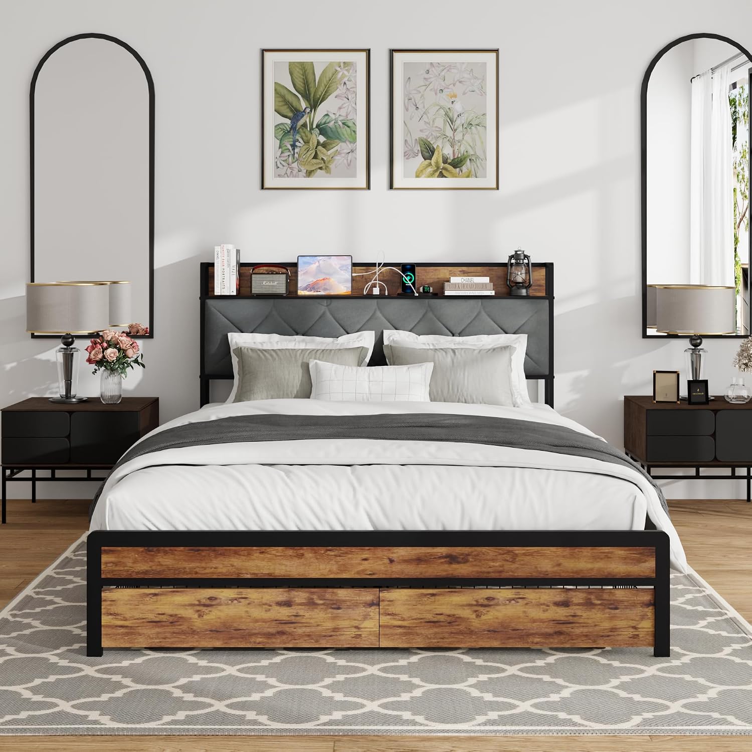 King Size Metal Platform Bed Frame with 2 Storage Drawers, LED Light, Velvet Headboard with USB Port - Heavy Duty, Brown Wooden Panel, No Box Spring Needed - King Bed Frame with Storage (Brown, King)
