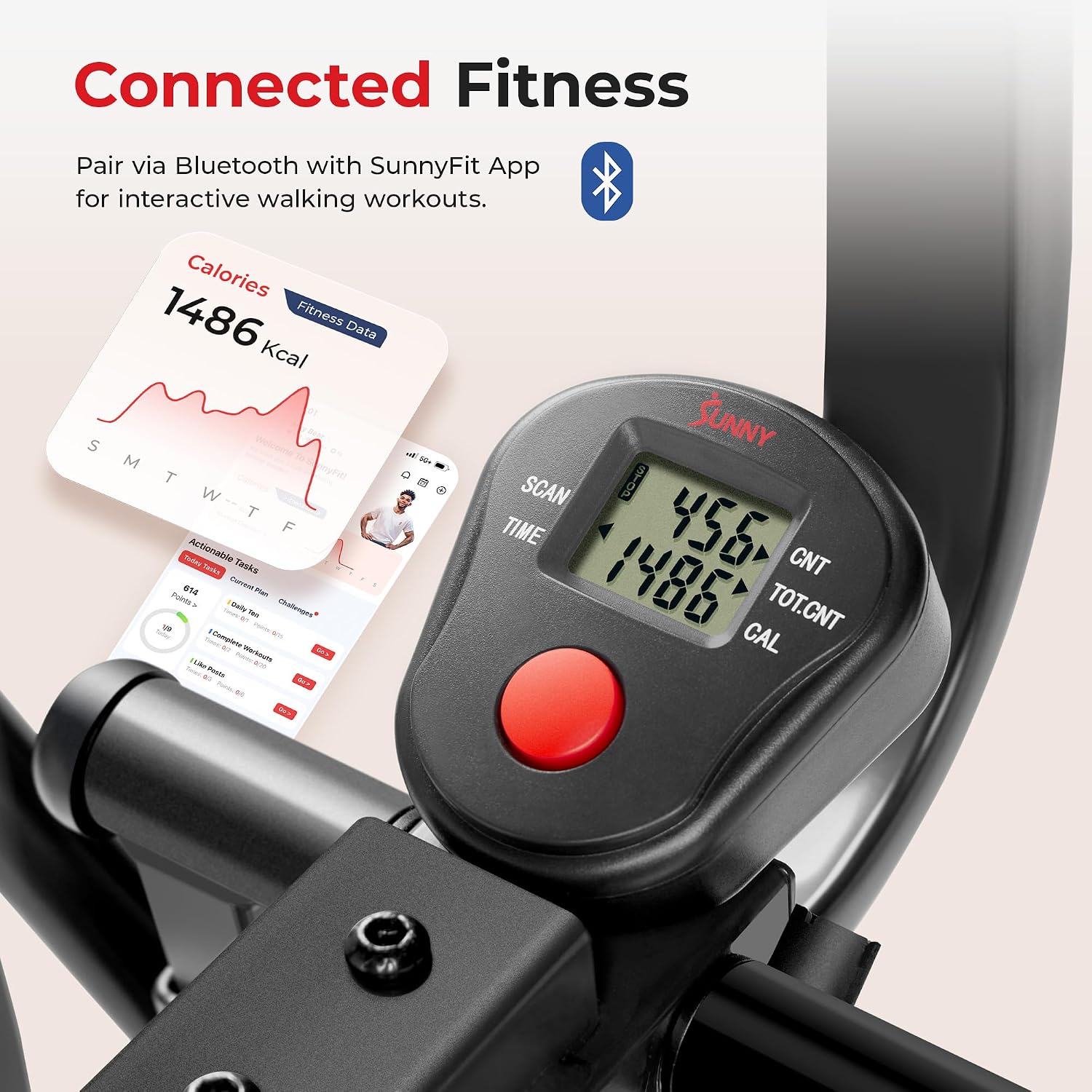 Sunny Health & Fitness Foldable Air Walk Elliptical, 30' inch Long Stride Glide Exercise Full-Body Cardio Cross Smart Trainer for Home Office, SunnyFit App via Bluetooth with Adjustable Resistance