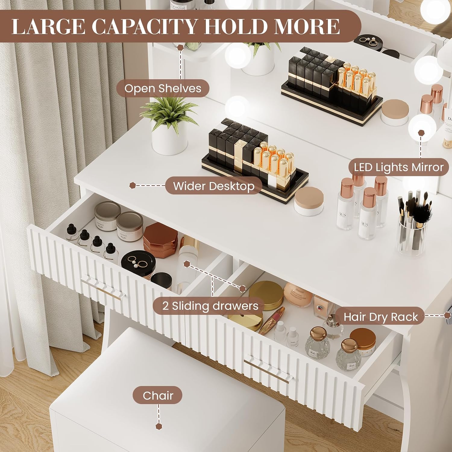 IDEALHOUSE Makeup Vanity Desk with Mirror and 12 LED Lights, White Vanity Table with Power Outlet, 2 Drawers, 6 Shelves, Hair Dryer Holder & Stool, Modern Dressing Table Furniture for Bedroom