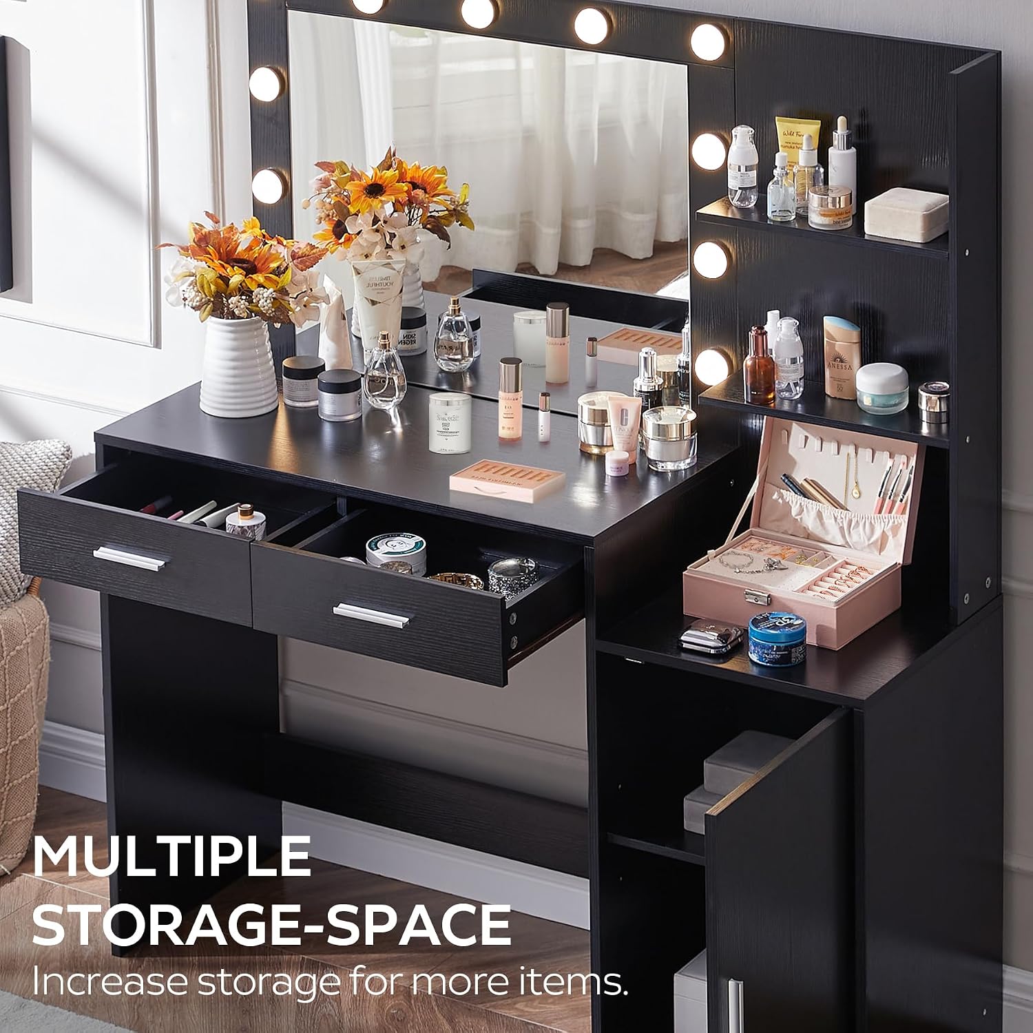 MIRROTOWEL 46.7' Vanity Desk with Mirror & LED Lights, Dressing Table with 2 Large Drawers & Vertical Organizer, 3-Tier Storage, 3 Adjustable Lighting Modes, Makeup Desk for Bedroom