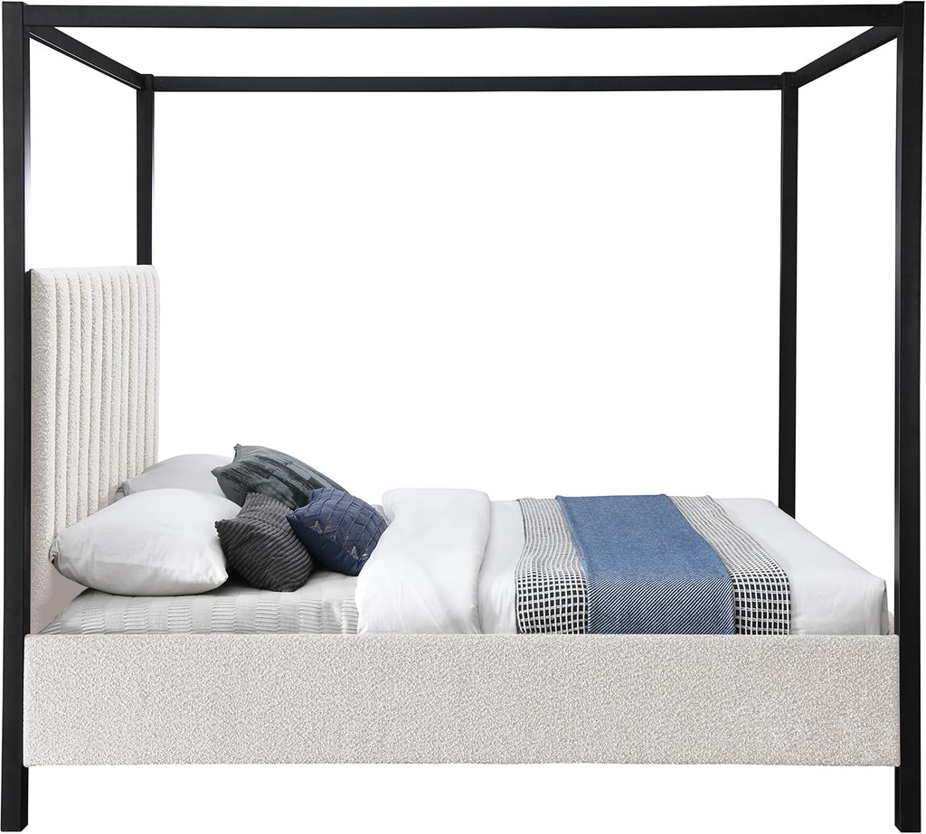 Meridian Furniture KellyCream-F Kelly Collection Modern | Contemporary Full Bed with Rich Cream Boucle Fabric, Matte Black Iron Metal Frame Canopy, 57' W x 80' D x 77' H, Cream, Full