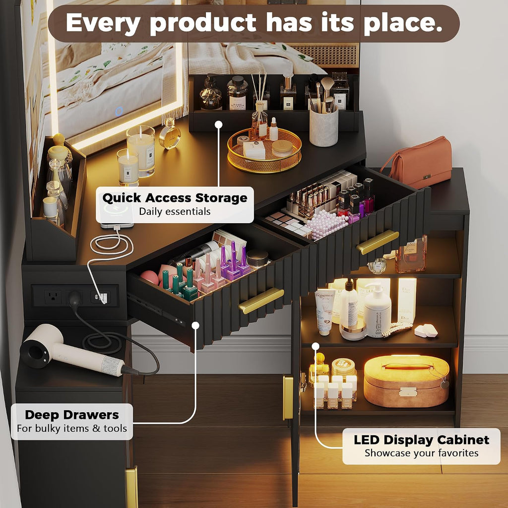 Corner Vanity Desk with 3 Way Mirror and Lights, 54' Modern Makeup Table Set with 2 Drawers & 2 Storage Cabinets, Charging Station, Stool, Large Bedroom Hexagonal Dressing Table (Matte Black)
