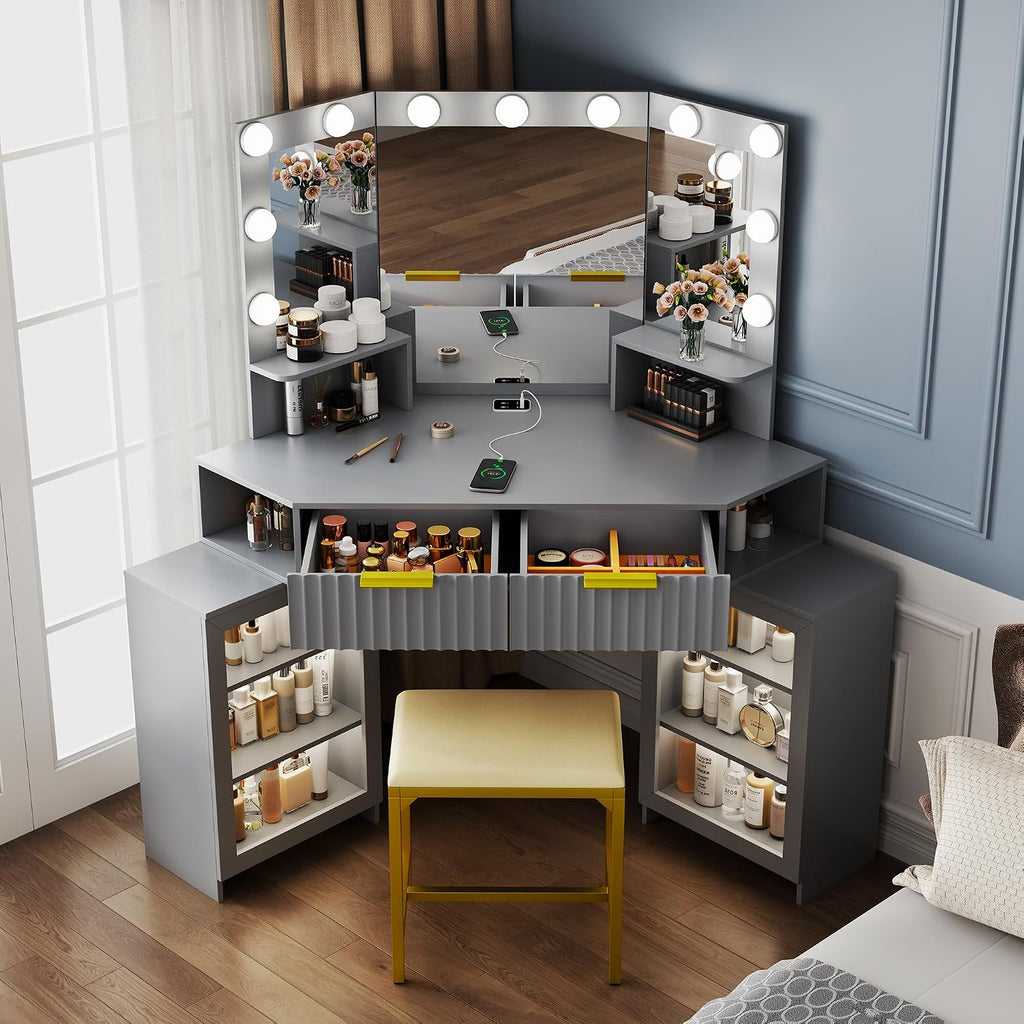 Vanity Desk with LED Lights Mirror & Power Outlet – Corner Design, Makeup Vanity Table Set with Storage Drawers & Chair, 3 Lighting Modes for Living Room/Bedroom, Ideal for Gift (Gray)