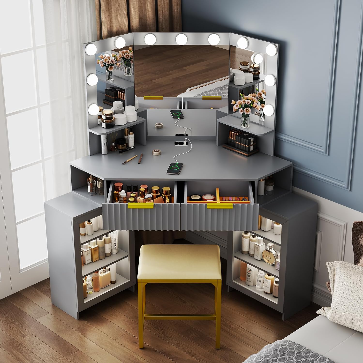 Vanity Desk with LED Lights Mirror & Power Outlet – Corner Design, Makeup Vanity Table Set with Storage Drawers & Chair, 3 Lighting Modes for Living Room/Bedroom, Ideal for Gift (Gray)