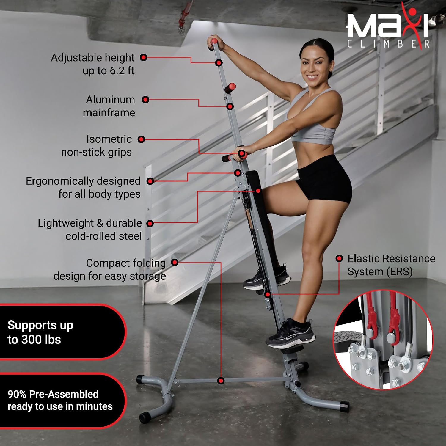 MaxiClimber 2.0 Vertical Climber ERS (Elastic Resistance System) - Easy to Assemble, Folding Exercise Machine Combines Cardio & Strength Training for a Low Impact, Full Body Workout - Free Fitness App