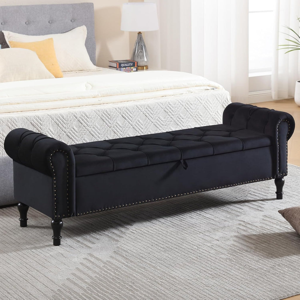 Storage Bed Bench for Bedroom, 67 Inches End of Bed Bench, Velvet King Size Bench with Arms, Tufted Button Storage Ottoman Benches, Upholstered Bench for Bedroom, Living Room, Entryway, Black