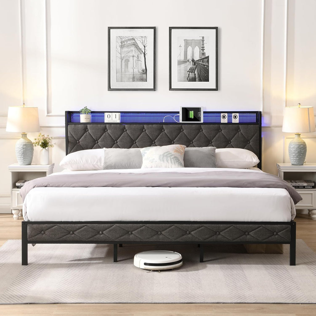King Size Bed Frame with Storage Headboard, LED Lights and Charging Station, Upholstered Platform Bed with Heavy Metal Slats, Noise Free, No Box Spring Needed, Dark Gray