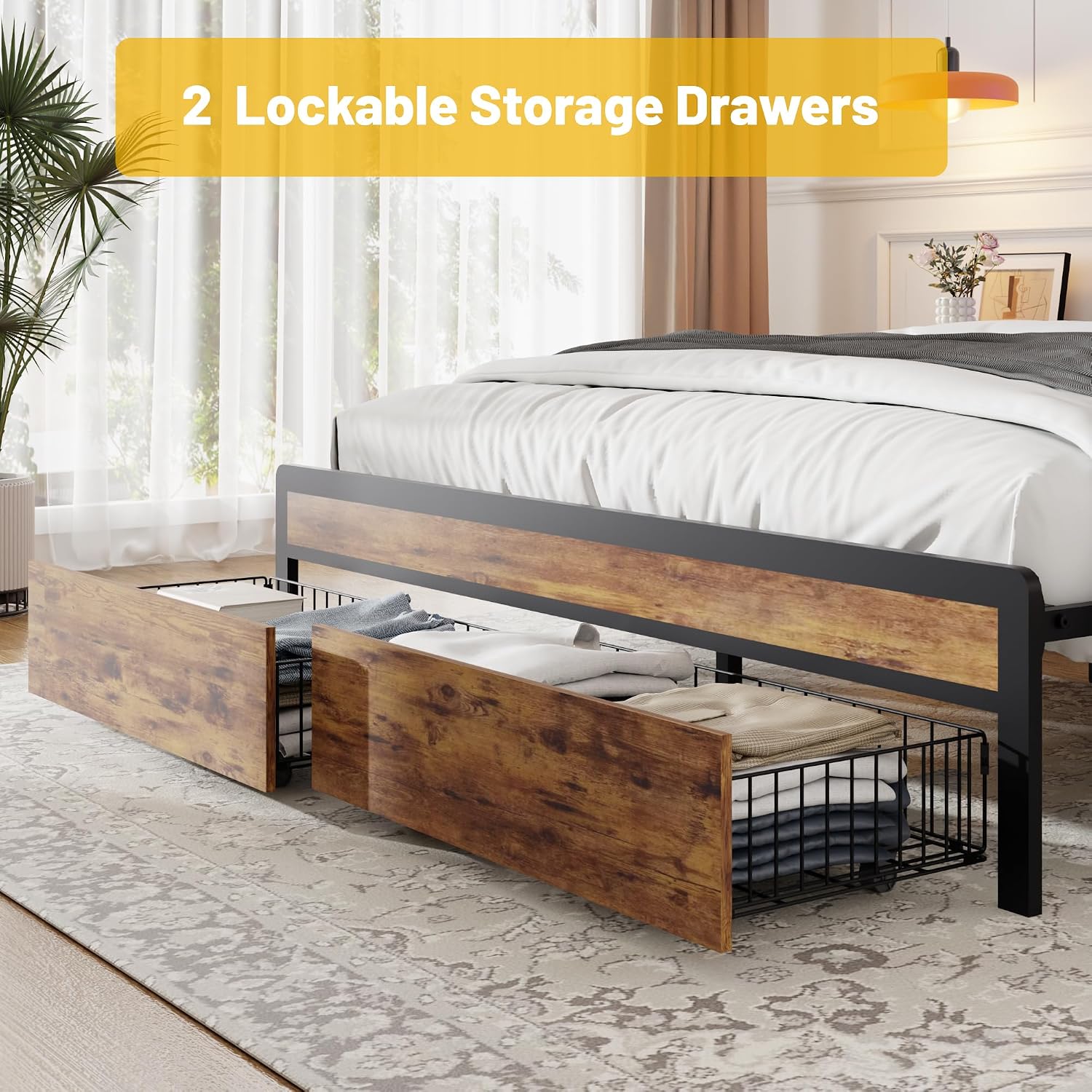 King Size Metal Platform Bed Frame with 2 Storage Drawers, LED Light, Velvet Headboard with USB Port - Heavy Duty, Brown Wooden Panel, No Box Spring Needed - King Bed Frame with Storage (Brown, King)