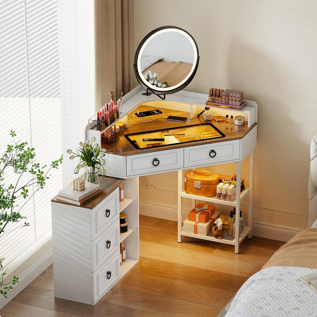 Corner Vanity Desk with Rotating Mirror and LED Lights,Makeup Table Set with Charging Station,5 Drawers & Shelves,Modern Dressing Table with Glass Top for Bedroom, Birthday Gift(White)