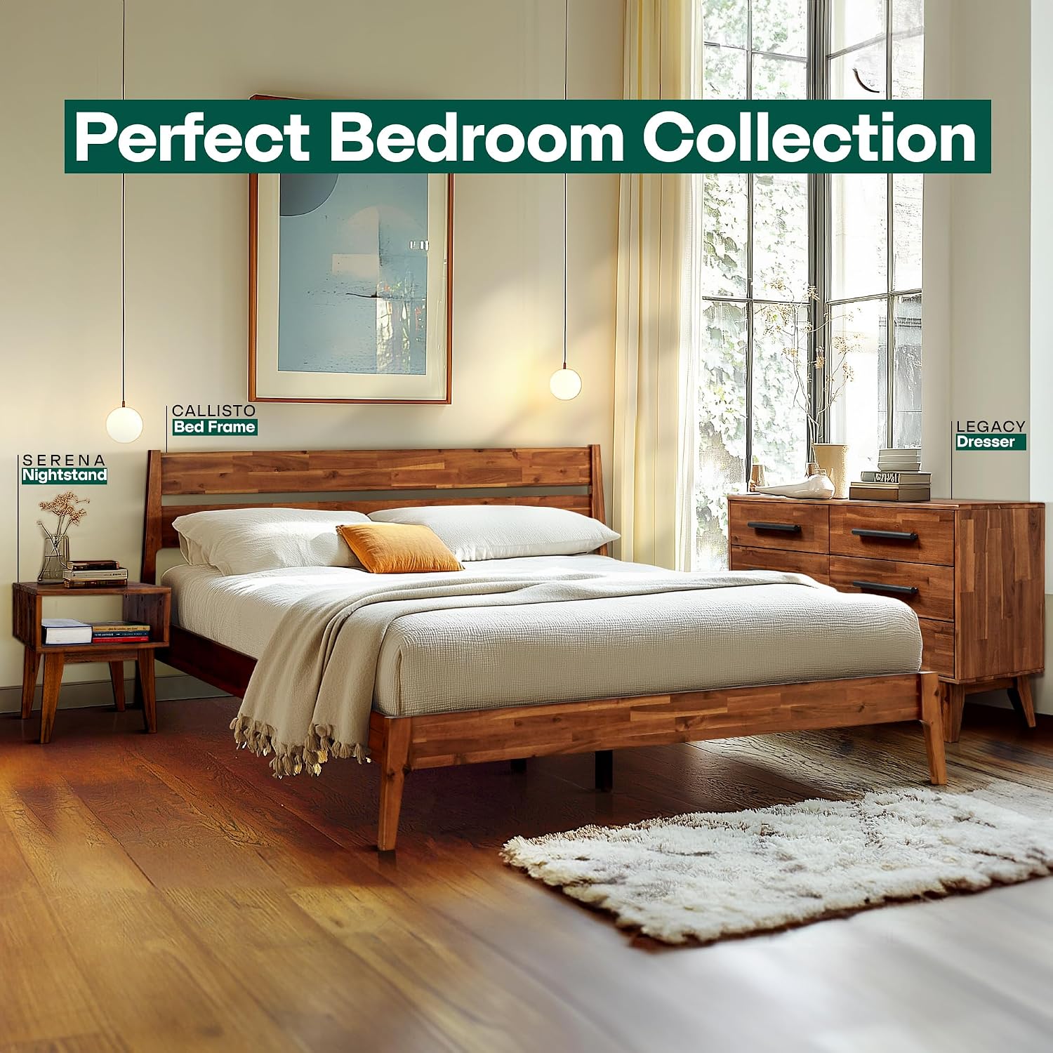 Acacia Callisto Queen Solid Wood Platform Bed Frame with Headboard – Gift Matching Nightstand Included, Mid-Century Modern, Walnut Finish, No Box Spring Needed, Sturdy, Easy Assembly