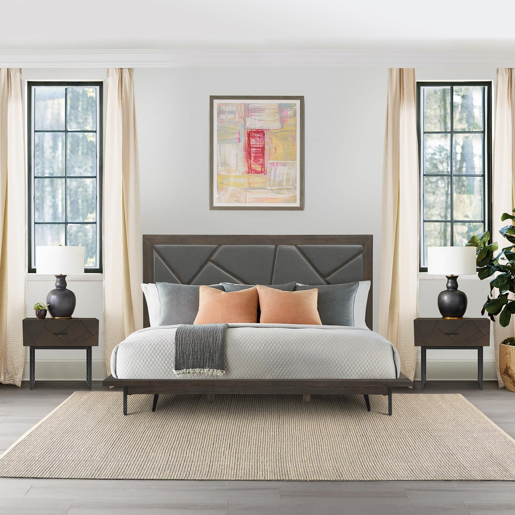 HomeStock King Size Bed Frame Set Oak WoodFaux Leather Bedroom Furniture