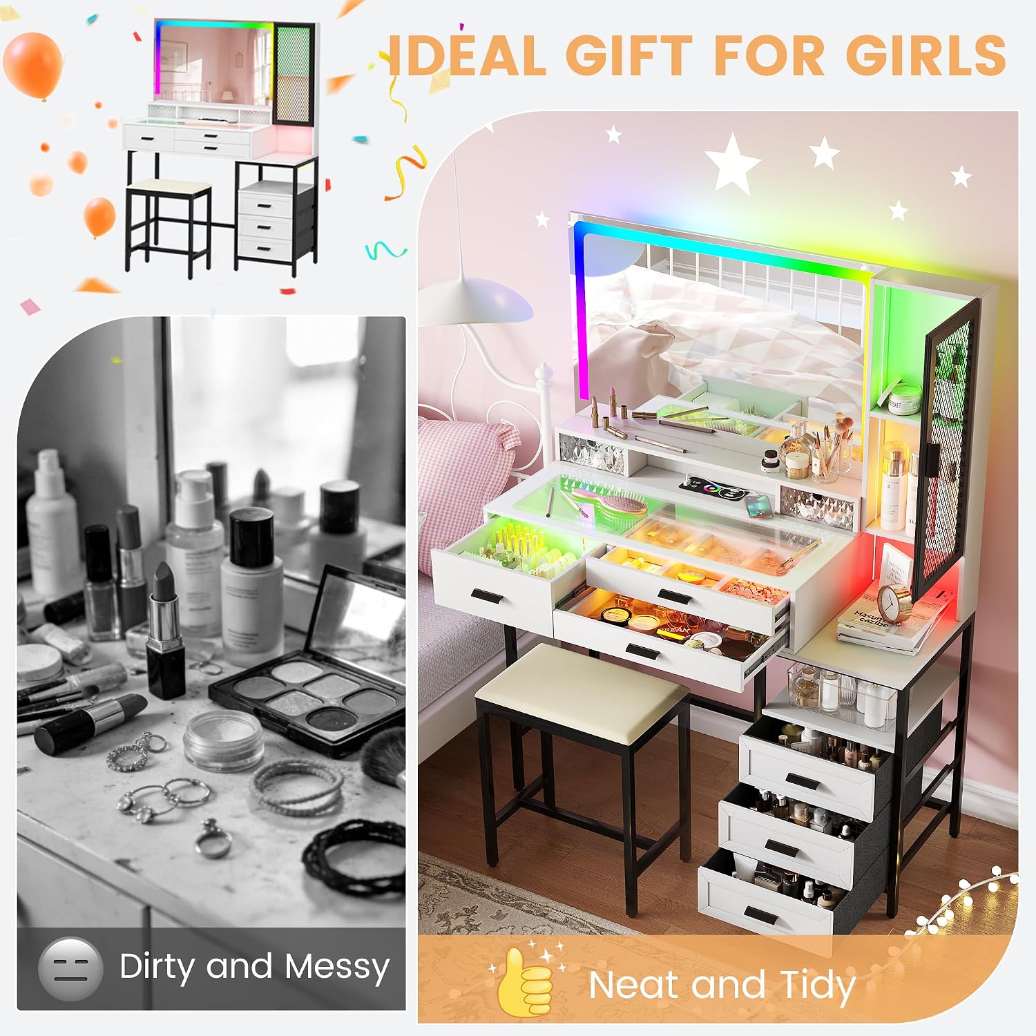 RGB Vanity Desk with Mirror and Lights, 7 Dynamic & 24 Static Dimmable Makeup Vanity Set with Wireless/USB/Type C Charging, Dressing Table with Stool & 6 Drawers (White)