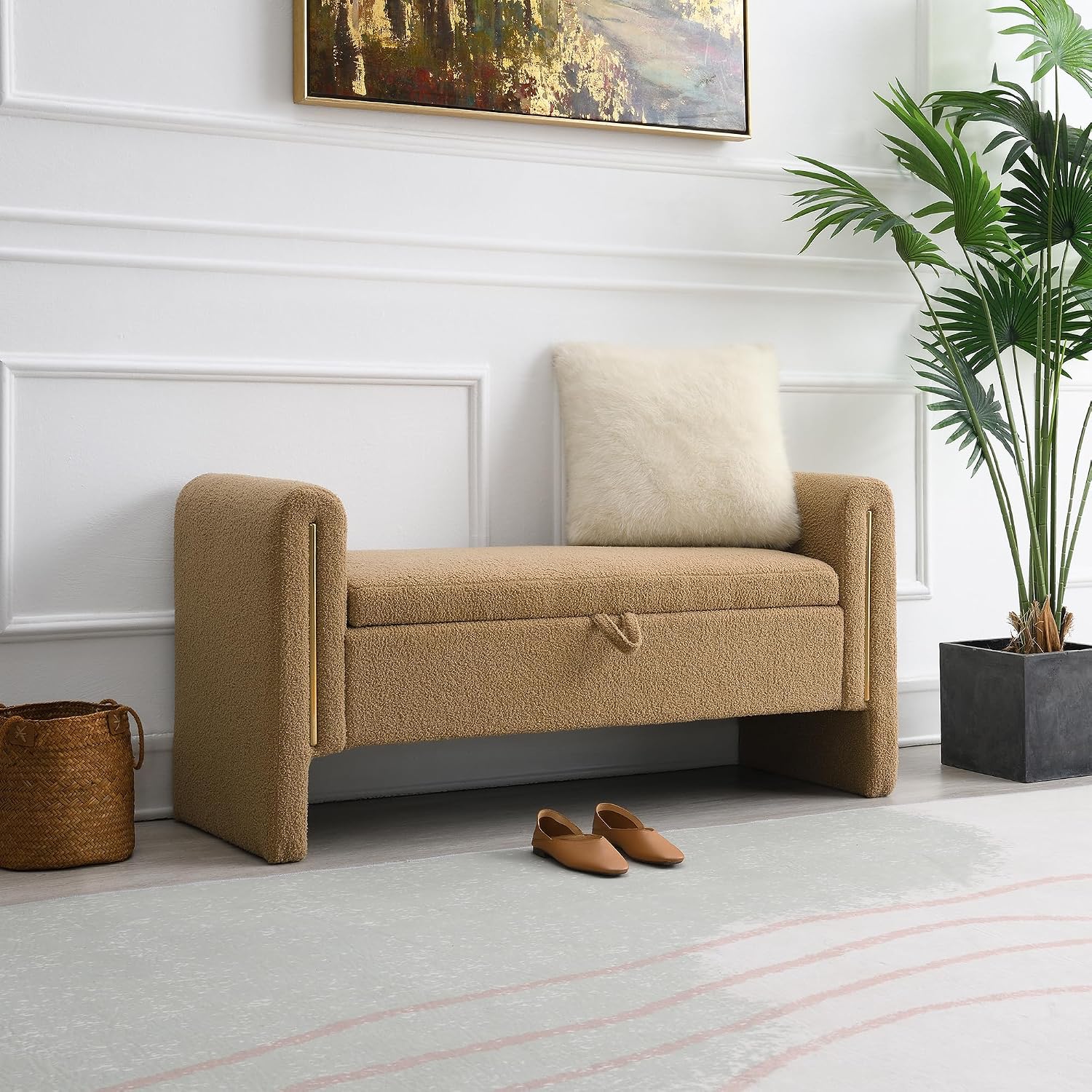 JIJIWANG Modern Bed End Bench with Arms and Storage, Upholstered Bed Bench Entryway Bench Ottoman Comfy Window Vanity Bench Footstool for Living Room,Bedroom,Coffee