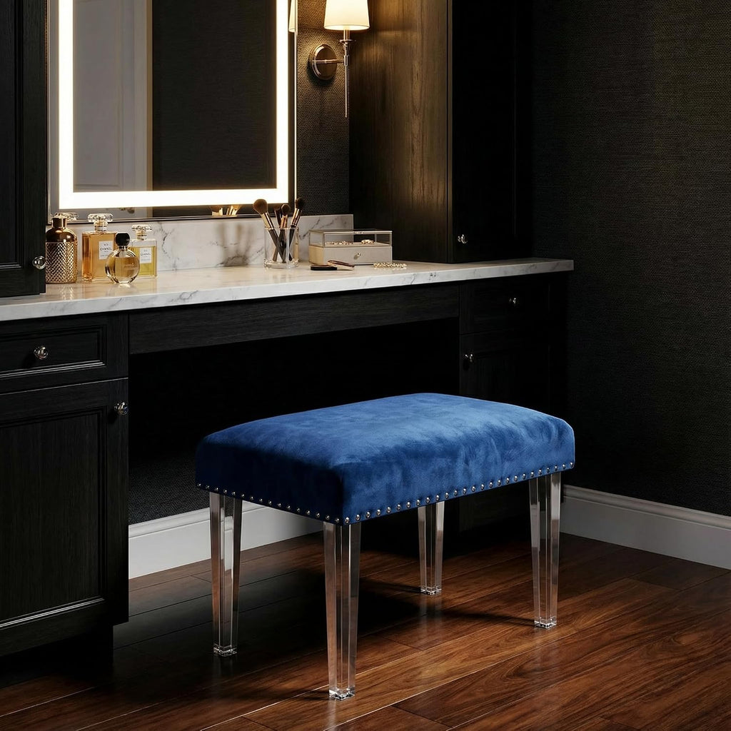 Cortesi Home Whitecrest Bench Ottoman with Clear Acrylic Legs 24', Blue Velvet