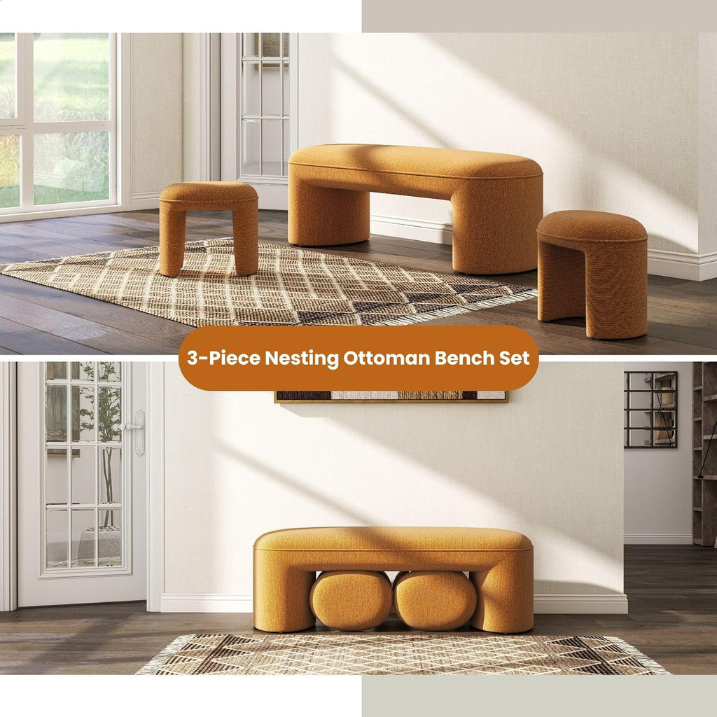 3-Piece Nesting Ottoman Bench Set, 53' Chenille Upholstered End of Bed Bench with 2 Foot Stools, Modern Space-Saving Entry & Vanity Stools for Living Room & Bedroom, Mustard Yellow