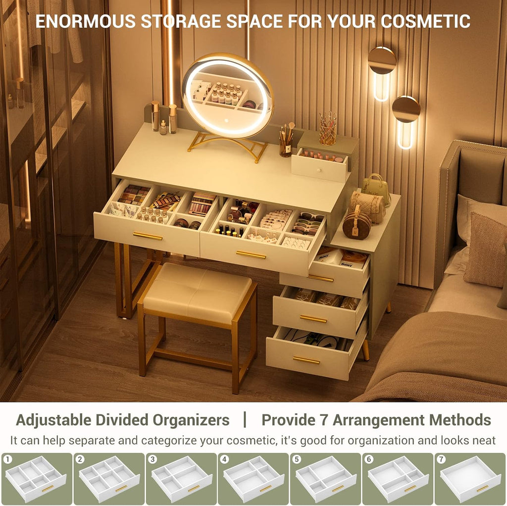 Armocity Vanity Desk with Mirror and Lights, Makeup Vanity Table Set with 6 Storage Drawers, Stool and Divided Organizers, Dressing Table with 3 Color Lighting Options for Women Girls, White and Cyan