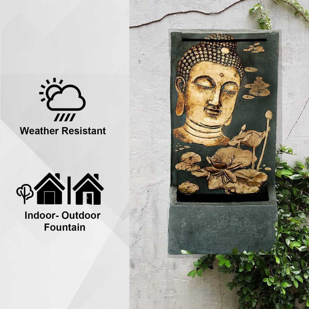 XBrand Polystone Indoor Outdoor Relaxing Zen Buddha Face Wall Water Fountain with Pump and Splash Guard, Wall-Mounted Fountains, Home Garden Patio Backyard Decor, Bronze and Natural Stone Finish