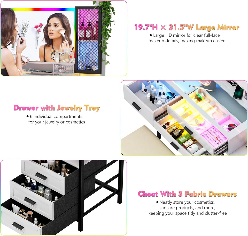 Lvifur RGB Vanity Desk - with Mirror and Lights,7 Dynamic & 24 Static Dimmable Vanity Table Set with Charging Station,Human Sensor LED Vanities w/Glass Top,6 Drawers,Stool,White