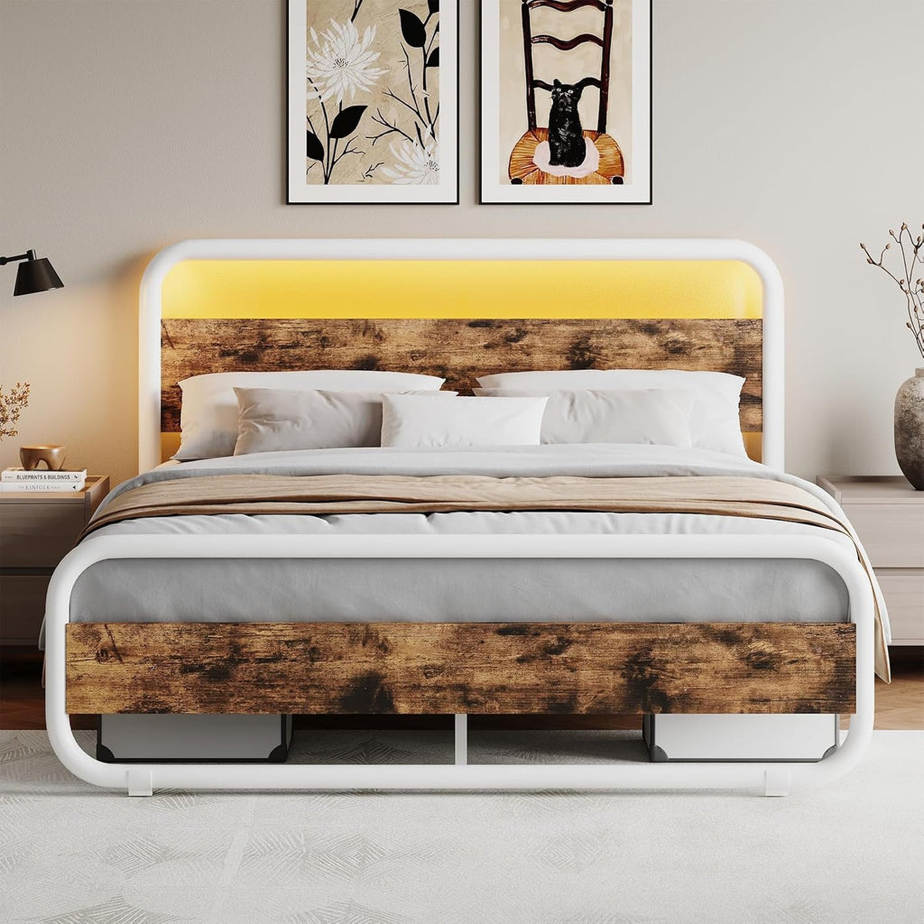 Catrimown Full Size Bed Frame with LED Lights, Heavy Duty Metal Rustic Platform Bed Frame Full Size with Wood Headboard, Noise Free, No Box Spring Needed, White