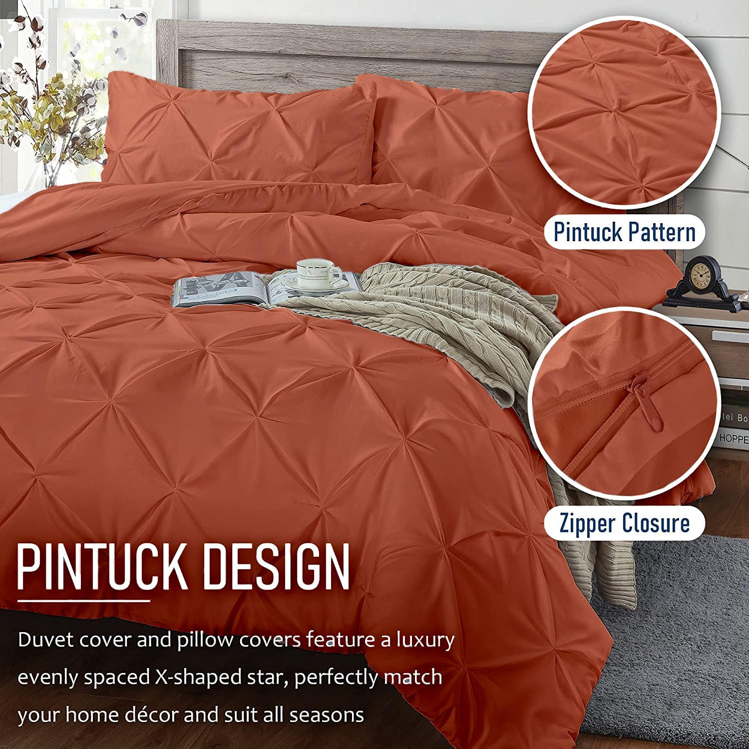 Crown Collection 1000-TC Hypoallergenic Ultra Soft Design 100% Egyptian Cotton Pinch Plated Duvet Cover with Zipper Colser & 2pcs Pillow Case Set (Super King Plus 120X120, Burnt Orange)