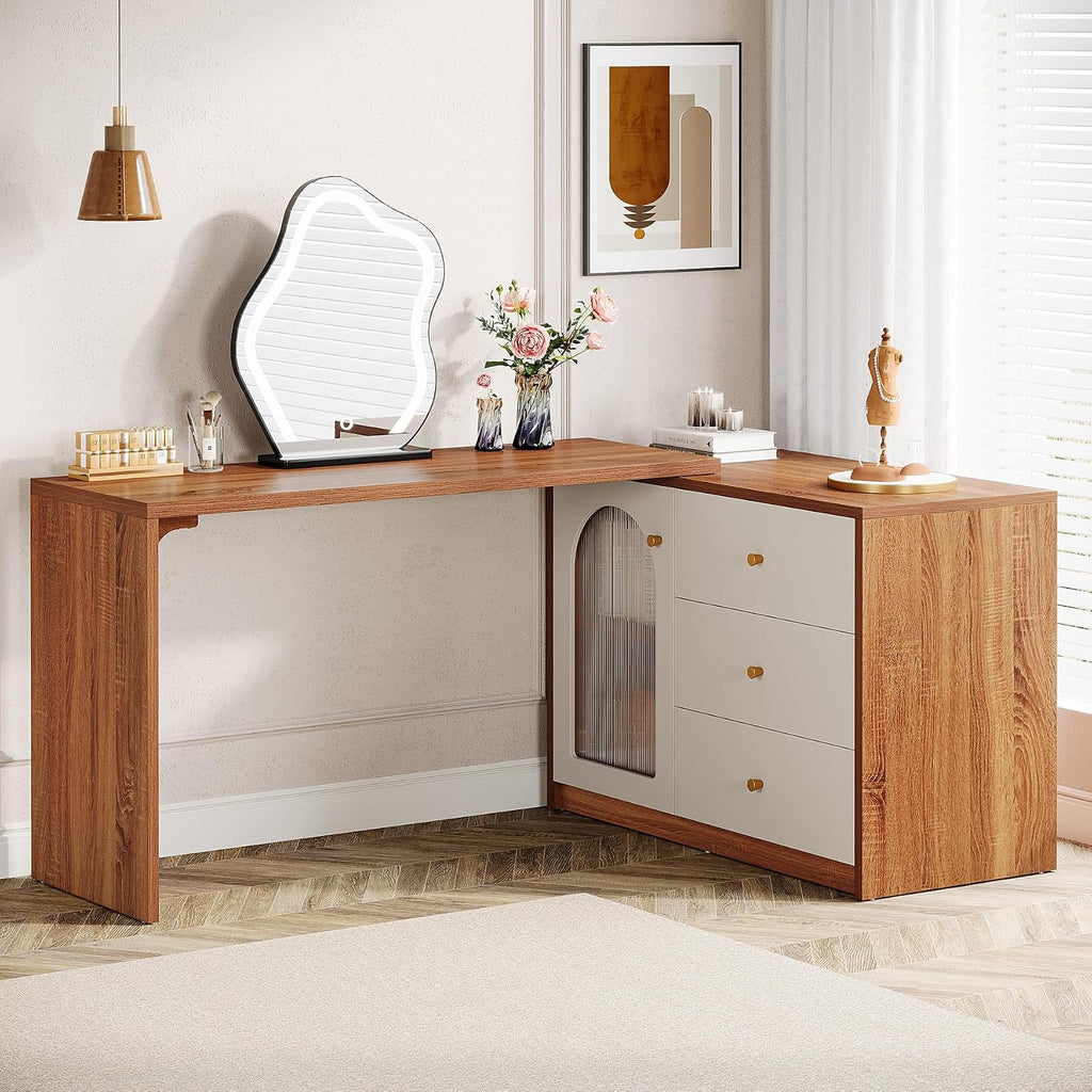 Tribesigns Modern Makeup Vanity, Retractable Large Vanity Desk with 3 Drawers and Cabinet, Makeup Corner Dressing Table for Bedroom, Walnut and White (Without Mirror)