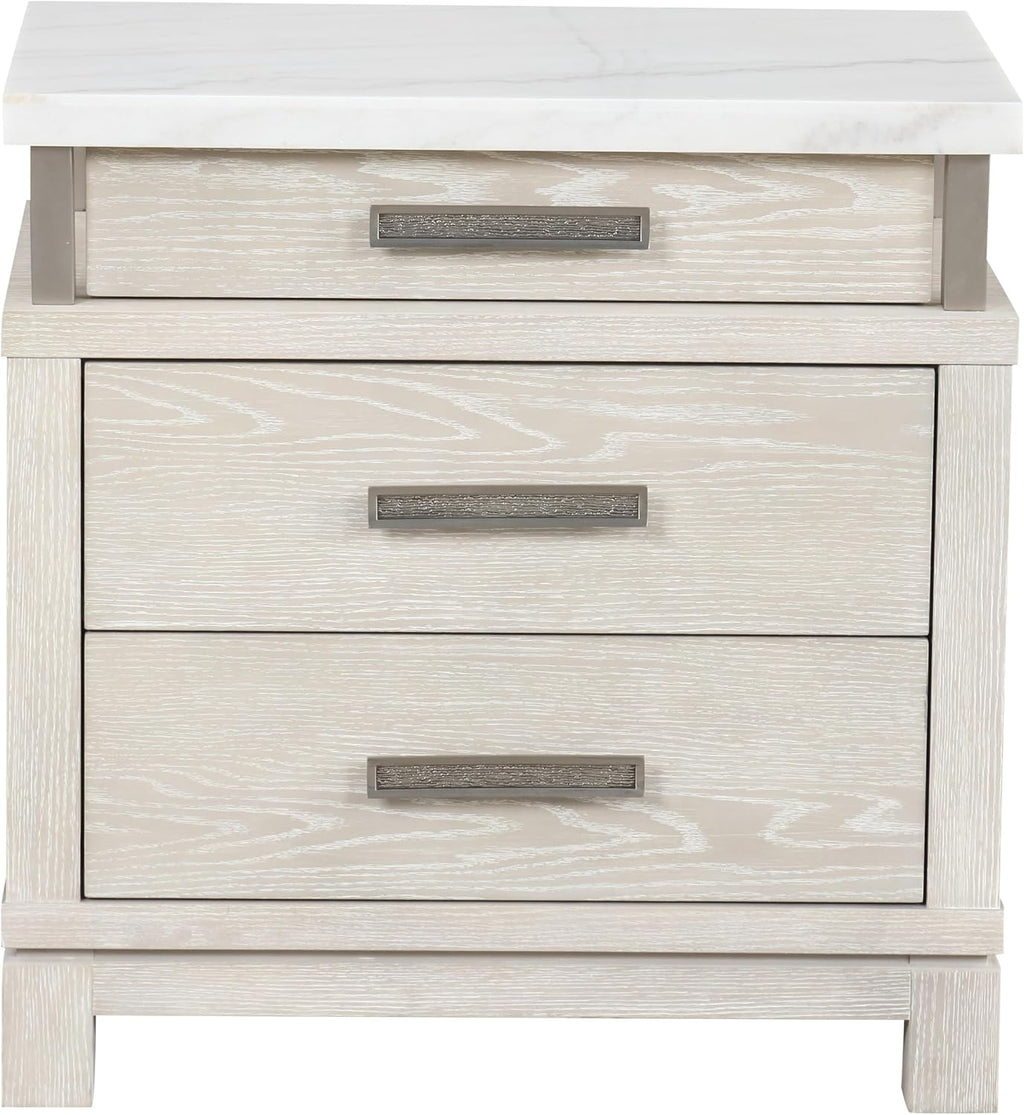 Furniture of America Bailer Modern Solid Wood 3-Piece Bedroom Set with LED on Headboard, Stainless Steal Posts and Marble Top on Nightstand, Box Spring Needed, Queen, Weathered Gray