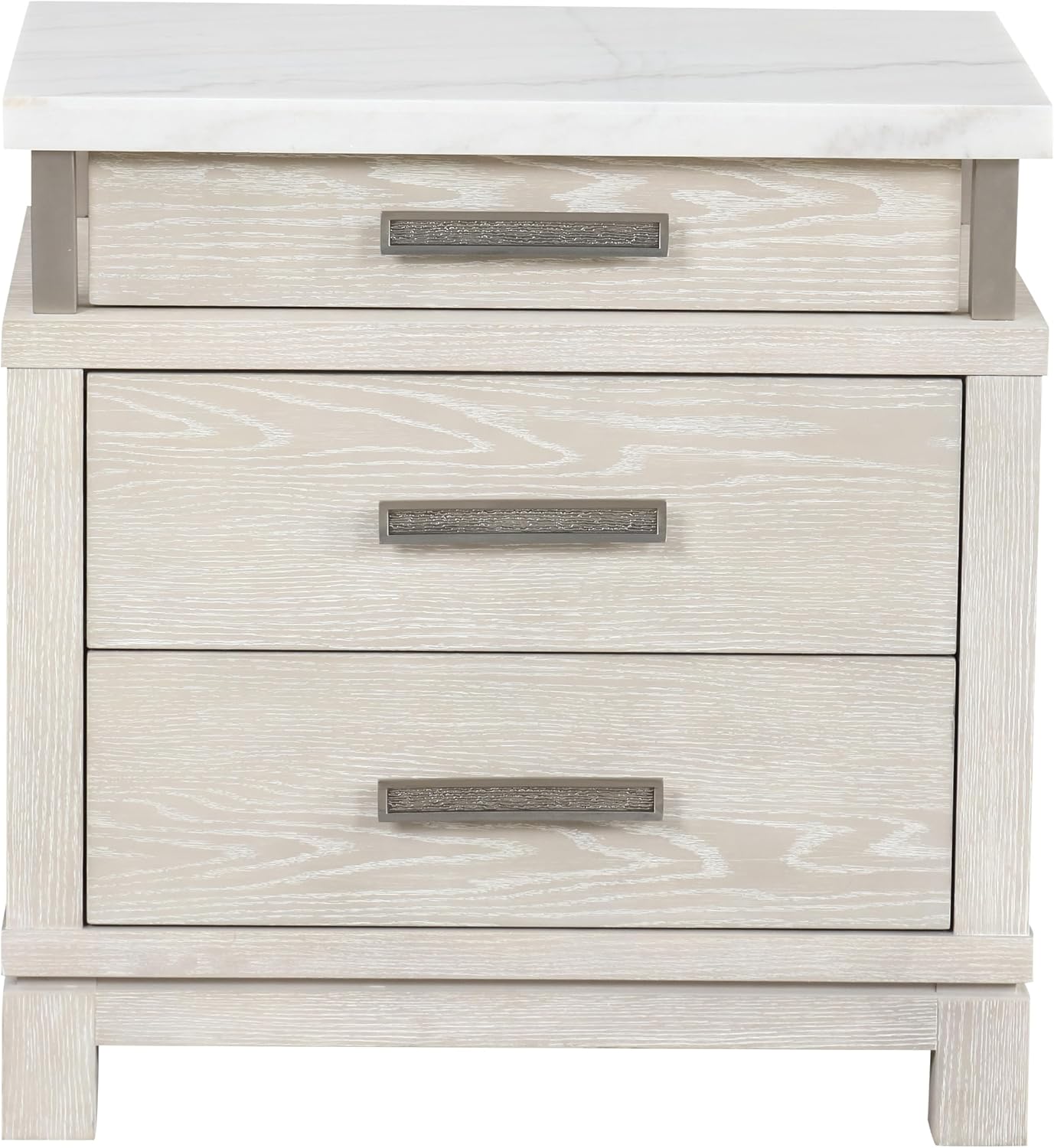 Furniture of America Bailer Modern Solid Wood 3-Piece Bedroom Set with LED on Headboard, Stainless Steal Posts and Marble Top on Nightstand, Box Spring Needed, Queen, Weathered Gray