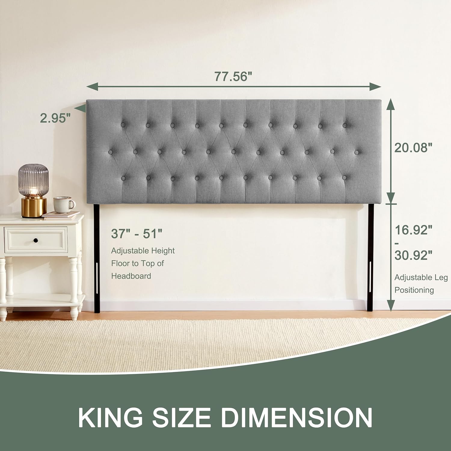 Huatean Home Tufted Upholstered Headboard King Size, Solid Wood Head Board with Durable Metal Legs, Adjustable Height Bed headboard from 37' to 51' Fabric Headboard in Modern Button Design, Grey