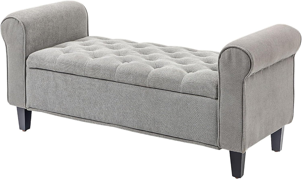 50' Storage Ottoman Bench, Upholstered End of Bed Bench with Rolled Arms, Wood Legs, Button Tufted Storage Bench with Safety Hinges for Living Room, Entryway, Bedroom, Gray