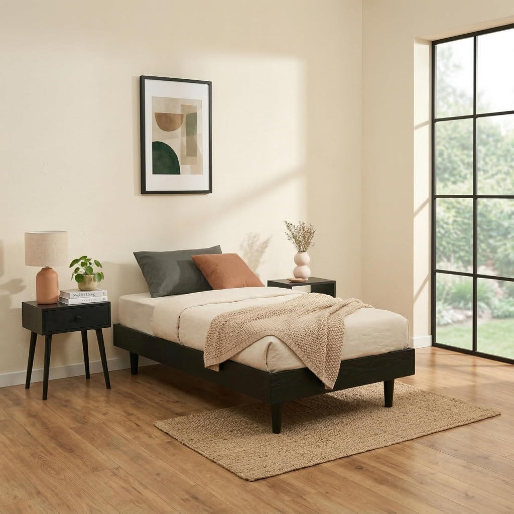 NTC Fly Wooden Bed Frame Without Headboard, Solid Wood Foundation with Silent Slats and Wood Central Supports, 350 Lb Capacity, Effortless Assembly, Twin - Burnt Black