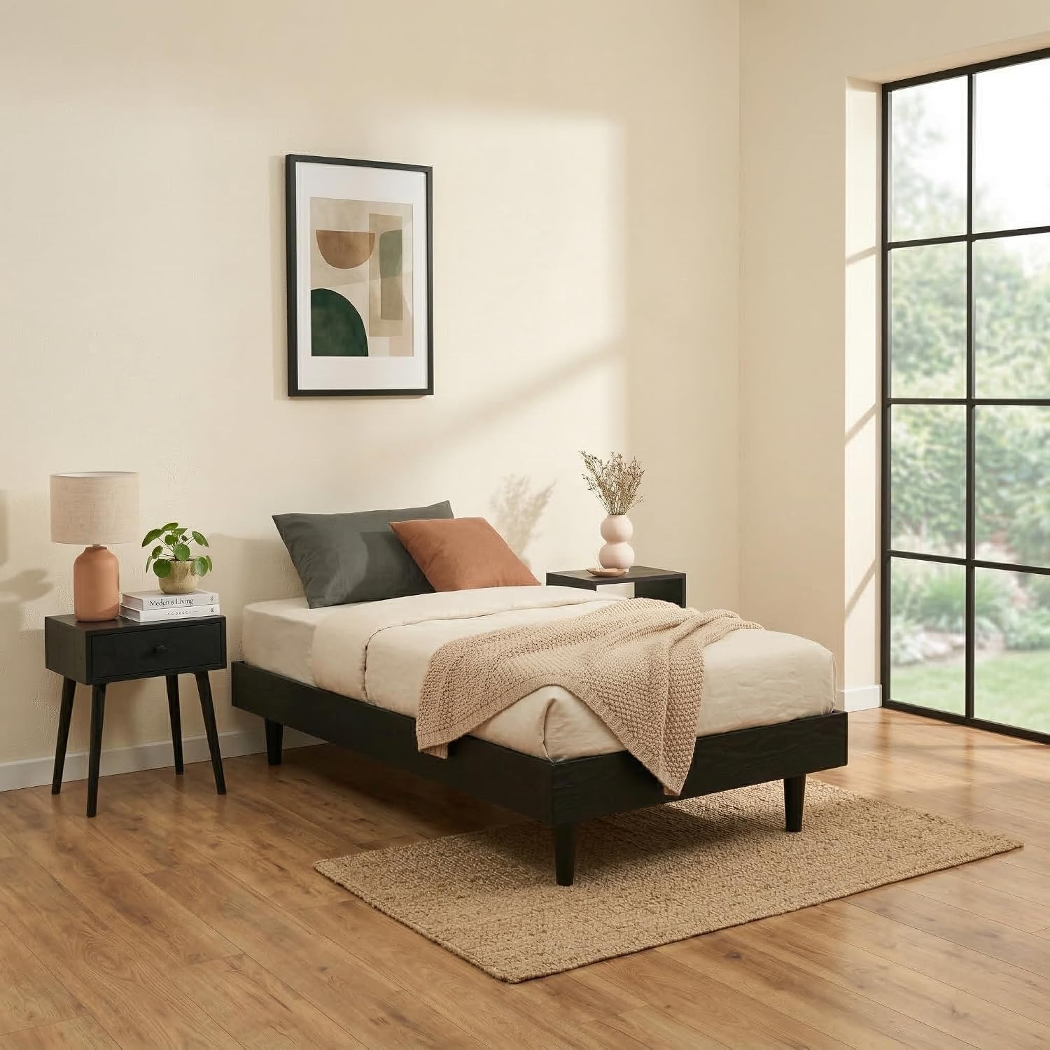 NTC Fly Wooden Bed Frame Without Headboard, Solid Wood Foundation with Silent Slats and Wood Central Supports, 350 Lb Capacity, Effortless Assembly, Twin - Burnt Black