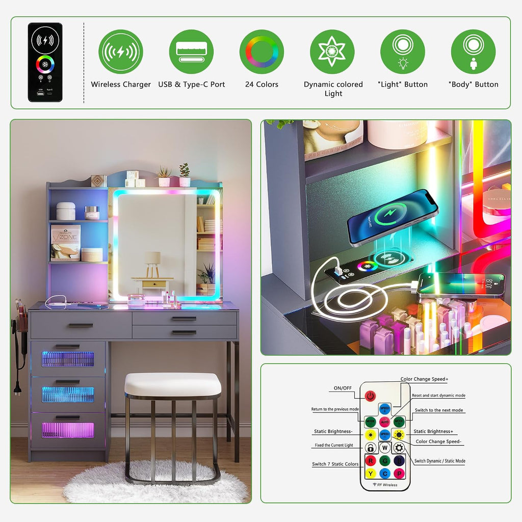 HENBC Vanity Desk with Sliding Mirror and Glass Desktop, LED Vanitys Mirror with RGB Lights Desk and Chair, Dressers Table Set with Charging Station/Makeup Organizer/6 Drawers for Bedroom(Grey)