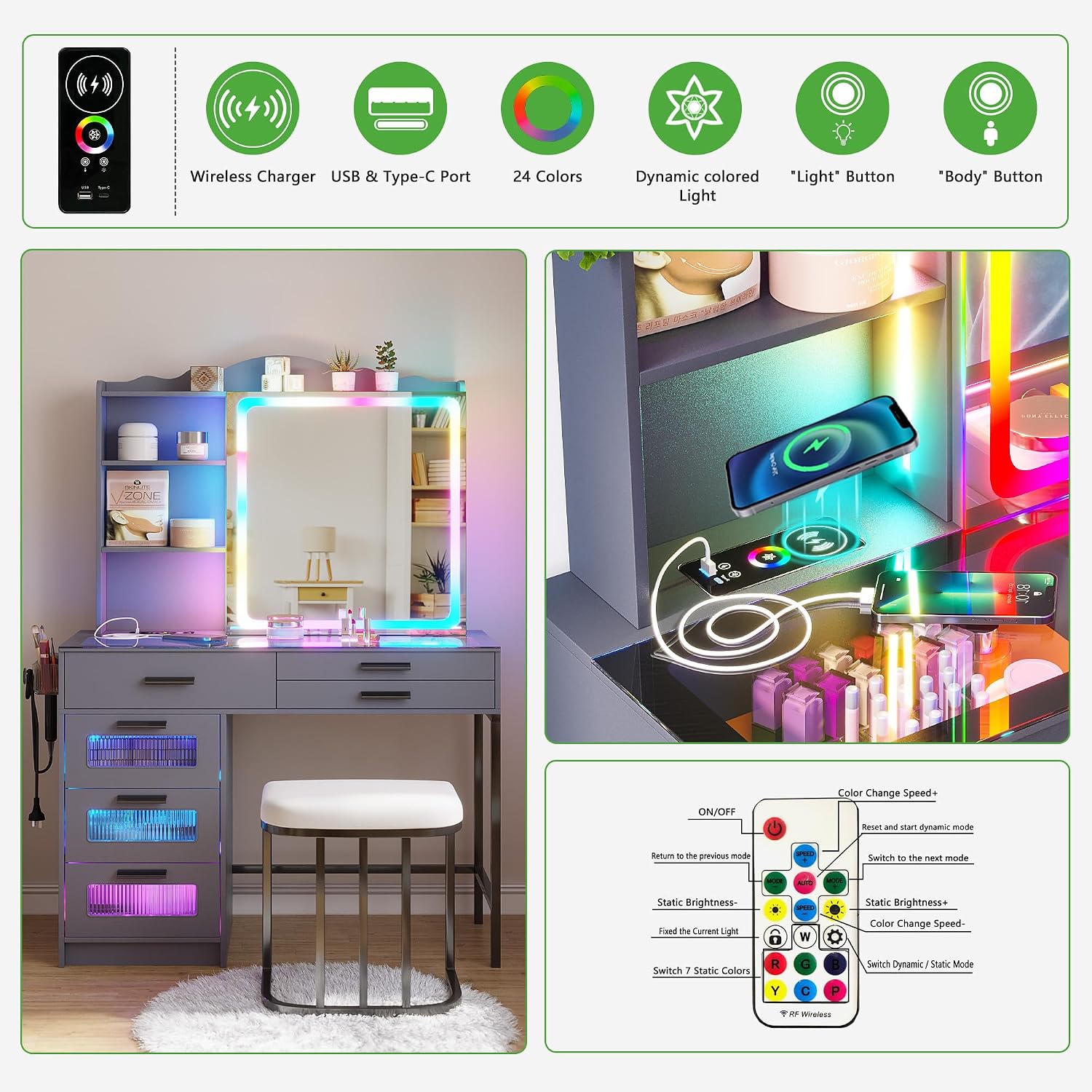 HENBC Vanity Desk with Sliding Mirror and Glass Desktop, LED Vanitys Mirror with RGB Lights Desk and Chair, Dressers Table Set with Charging Station/Makeup Organizer/6 Drawers for Bedroom(Grey)
