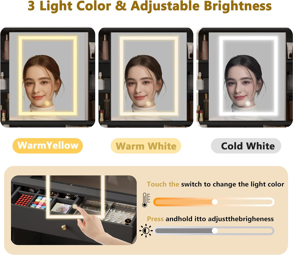 Wodeer Makeup Vanity Desk with Mirror and Lights, Black Vanity with Glass Top, Jewelry Storage, Power Outlets, 3 Drawers & 2 Cabinets, Adjustable LED Lighting, Dressing Table for Women & Girls Bedroom