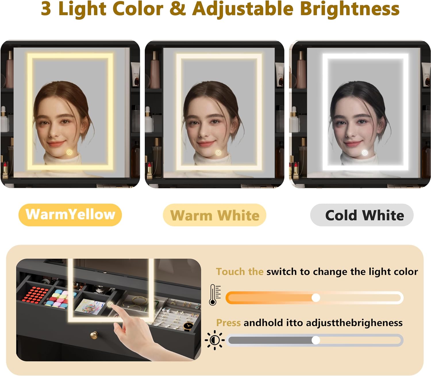 Wodeer Makeup Vanity Desk with Mirror and Lights, Black Vanity with Glass Top, Jewelry Storage, Power Outlets, 3 Drawers & 2 Cabinets, Adjustable LED Lighting, Dressing Table for Women & Girls Bedroom