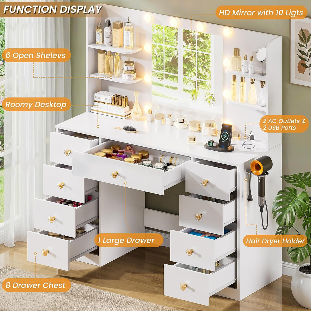 White Vanity Desk With Mirror and LED Lights, 3 Colors Adjustable, Large Makeup Vanity Desk with Power Strip and Hairdryer Holder, 9 Drawers & 6 Shelves Modern Dressing Table for Women, Bedroom